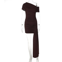 Ribbon Short-Sleeved Slanted Collar Mini Dress