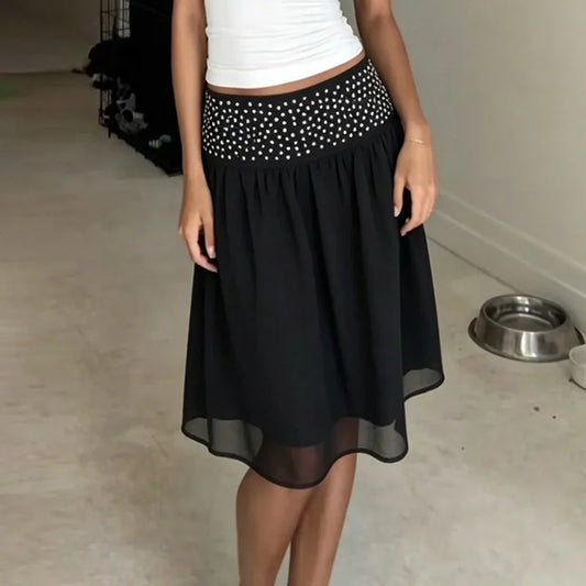 Polka Dot Stud Black Midi Skirt