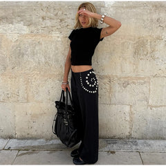 Spiral Rivet  Low Waist Wide Leg Trousers