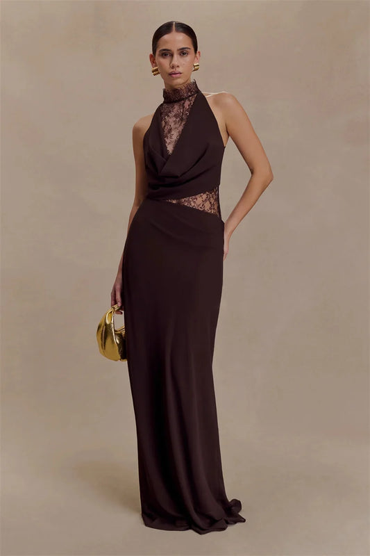Brown Lace Hollow Out Cowl Maxi Dress