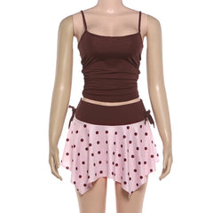 Brown Cami Crop Top And Polka Dot Mini Skirt Set