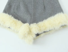 Grey Button Up Fur Trim Collar Crop Jacket And Shorts Set