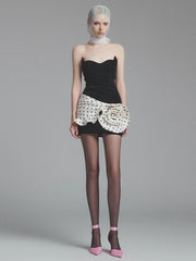 Satin 3D Rose Sleeveless Patchwork Polka Dot Mini Dress