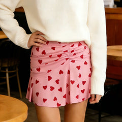 Heart Print Ruched Mini Skirt
