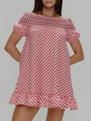 Red Plaid Slash Neck Short Sleeve Mini Dress