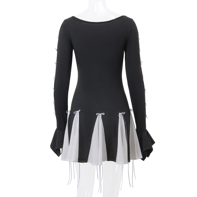 Black Long Sleeve White Frill Patchwork Bow Mini Dress