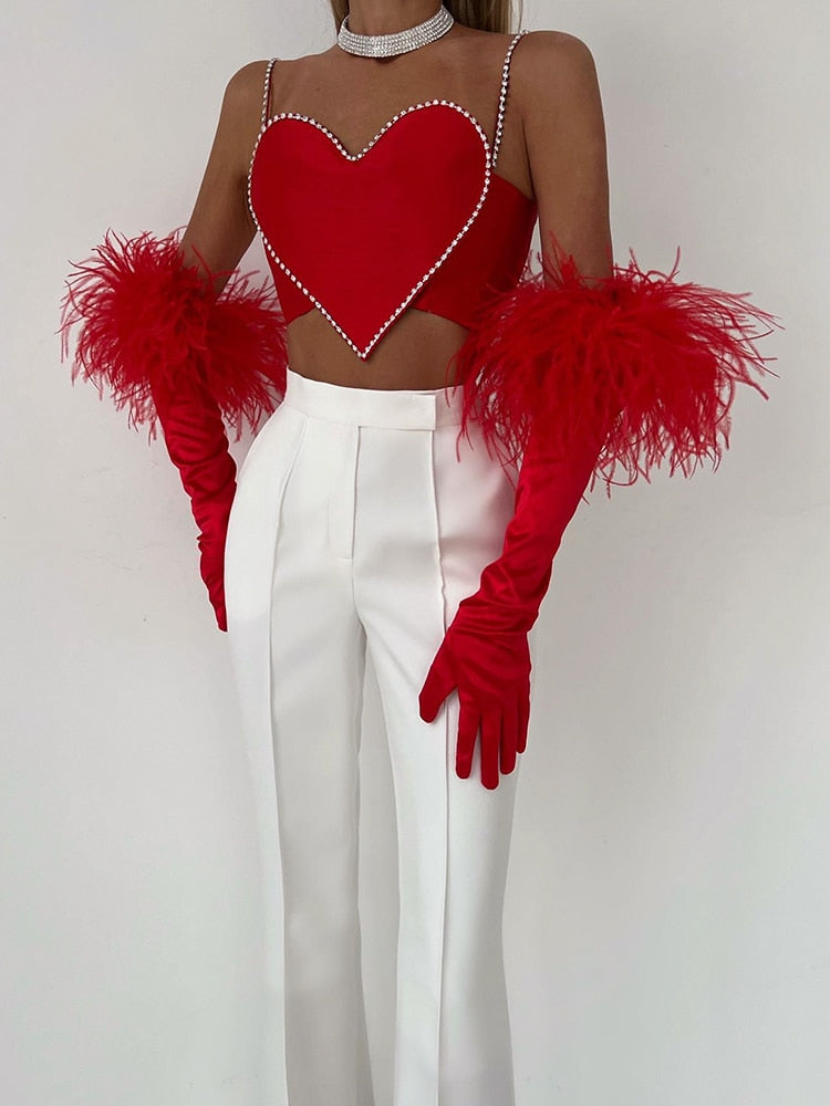 Red Heart Cut Out Rhinestone Strap Crop Top - Free From Label