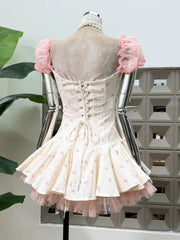 Floral Print Corset Square Neck Puff Sleeve Ruffle Hem Mini Dress