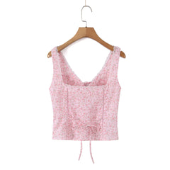 Pink Floral V-neck Tie Up Crop Top