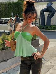 Green Halter Sequin Patchwork BMesh Top