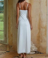 Satin Lace Trim Tie Front Slip Maxi Dress