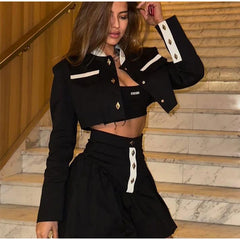 Crop Jacket And Puff Buttoned Mink Skirt Contrast Set