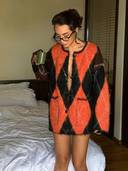 Orange Dimond Pattern Fuzzy Cardigan