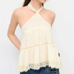 Yellow Tie Neck Lace Trim Top