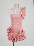 Black Pink One Shoulder Sleeveless Ruffled Ruched Mini Dress