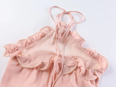 Pink Halter 3D Flower Ruffle Maxi Dress