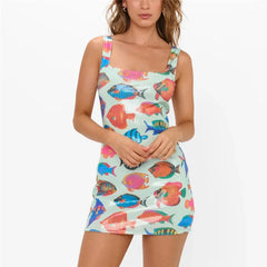 Sequin Square Collar Fish Print Mini Dress