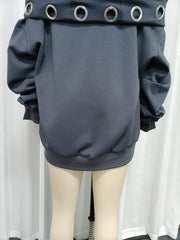 Grey Off-Shoulder Metal Eyelet Hooded Sweatshirt