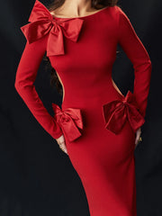 Bow Open Back O Neck Long Sleeve Solid Red Maxi Dress