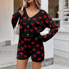 Love Heart Pattern Button Up Crop Knit Cardigans and High Waist Shorts