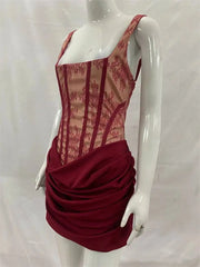 Lace Corset Square Neck Ruched Satin Bodycon Short Dress