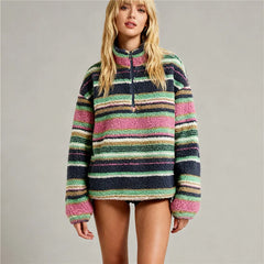 Half Zip Striped Stand Collar Fuzzy Sweatshirt