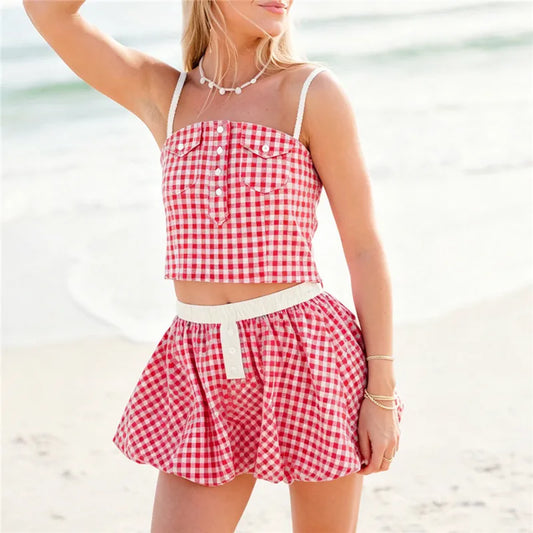 Gingham Spaghetti Strap Crop Top And Bubble Mini Skirt Set