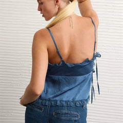 Satin Lace Trim Hem Side Tie Up Spaghetti Strap Top