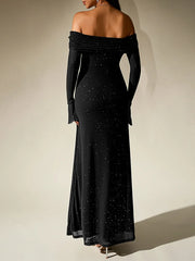 Off-Shoulder Flared Long Sleeve Sequined Maxi Dress