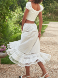 Embroidery White Cotton Lace Midi Skirt and Blouse Outfit Sets