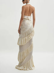 Beige Halter Folds Ruffles Long Dress