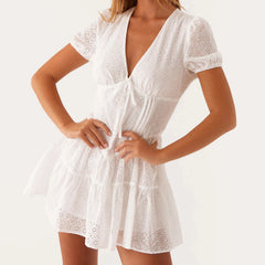 White V-neck Tie Up Mini Dress