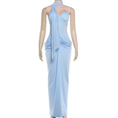 Pleated Waist Strapless Corset Maxi Dress With Scarf