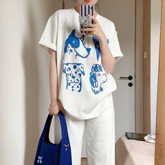 Cartoon Dogs Printing Kpop White Short Sleeve Cotton Tees