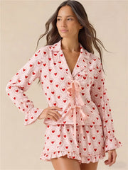 Pink Hearts Bow Front Tie Top And Shorts Lounge Sets