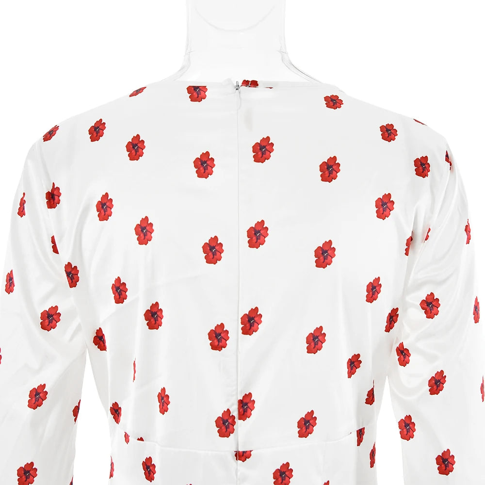 White Satin Red Flower Print Long Sleeve Maxi Dress