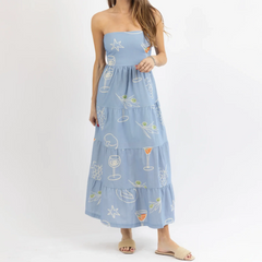 Long Sleeveless Tube Blue Printed Beach Dress