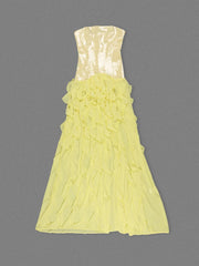 Yellow Strapless Sequin Ruffle Fringe Mesh Maxi Dress