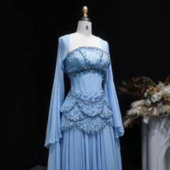 Cape Sleeve Chiffon Tiered Petals Sequined Pearl Embellished Gown