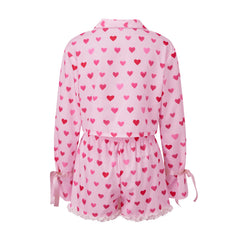 Pink Crop Heart Print Button Down Long Sleeve Top with Shorts Lounge Wear Set