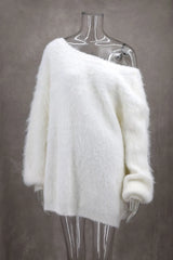 Fuzzy sweater with a deep V-neck for women.