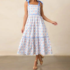 Women's printed tiered midi dress with square neck.

