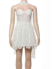 White Polka Dot Strapless Frill Mini Dress With Drape Scarf