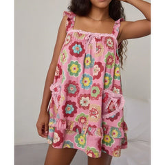 Plaid/Floral Print Sleeveless Lace Ruffle Babydoll Mini Dress