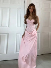 Pink Lace Patchwork Strap Midi Dress