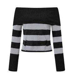 Distressed Striped Off-Shoulder Long Sleeve Knit Top