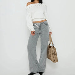 Off Shoulder Button Decor Long Sleeve Knitted Top