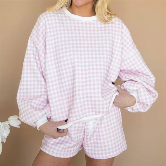 Gingham Crew Neck Long Sleeve Sweatshirt and Elastic Drawstring Shorts Set
