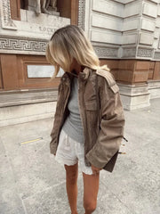 Brown Suede Zipper Cropped Jacket