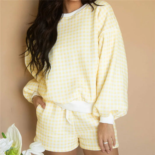Gingham Crew Neck Long Sleeve Sweatshirt and Elastic Drawstring Shorts Set